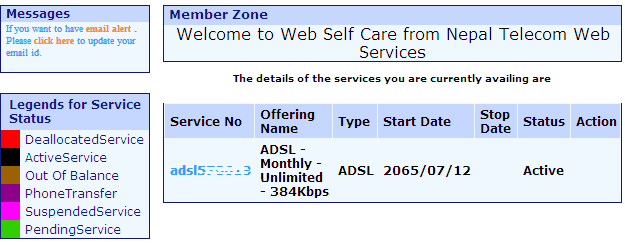 Nepal Telecom ADSL member zone