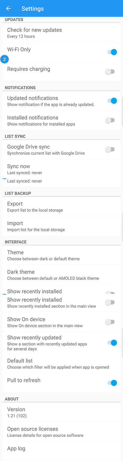 Android app watcher settings